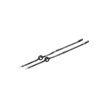 Schwarze doppelte Hundeleine mit verstellbaren Riemen und Metallclips, entworfen für das gleichzeitige Gassigehen mit zwei Hunden.