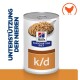 Hill's Prescription Diet k/d Dosenfutter für Haustiere, mit einem Löffel weichem, braunem Futter, mit dem Text "Unterstützung der Nieren" an der Seite.