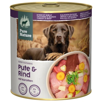 Dose Pure Nature Nassfutter für Hunde mit Truthahn, Rind und Karotten, mit einem Hund und rohem Fleisch mit Gemüse auf dem Etikett.