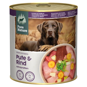 Dose Pure Nature Nassfutter für Hunde mit Truthahn, Rind und Karotten, mit einem Hund und rohem Fleisch mit Gemüse auf dem Etikett.