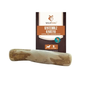 Kaffeebaum-Kaustick für Hunde, beschriftet mit 'WILDFANG Kaffeholz Kaustab', geeignet für mittelgroße Hunde (15-25 kg).