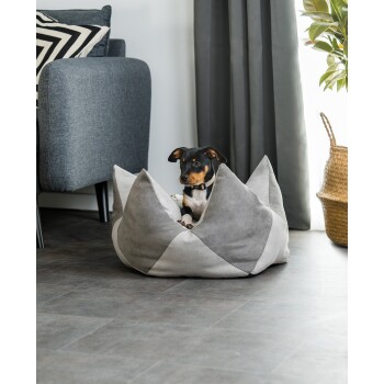 Ein kleiner Hund ruht in einem stilvollen grauen Hundebett mit geometrischem Design, das in einem modernen Wohnzimmer platziert ist.