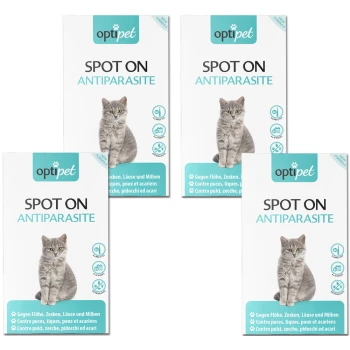 Vier Boxen von "optipet SPOT ON ANTIPARASITE" für Katzen, mit einer grauen Katze auf der Vorderseite und mehrsprachigem Text zur Floh- und Zeckenprävention.