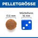 Bild, das zwei Haustierfutterpellets vergleicht: ein rundes Pellet (17,5 mm) und ein würfelförmiges Pellet (16 mm) mit der Beschriftung "PELLETGRÖSSE" und "Würfelform."