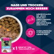 Publicité pour nourriture pour chien : bol avec nourriture humide et sèche, boîte Eukanuba pour chiot, texte allemand « HUMIDE ET SEC ENSEMBLE, ENCORE MIEUX »