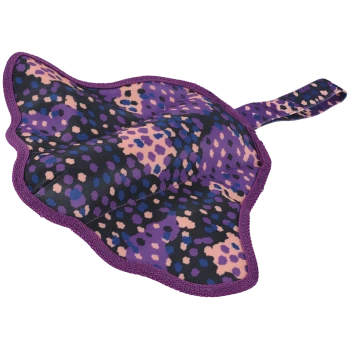 Stoff-Hundezerrspielzeug mit Leopardenmuster in Lila, Pink und Blau, mit gewelltem Rand und Schlaufenhenkel.