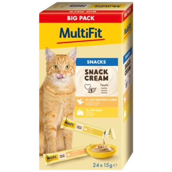 MultiFit Snack Cream Katzensnacks Großpackung mit Geflügel-, Leber- und Käsegeschmack, zeigt eine orangefarbene Katze, die sich die Lippen leckt.