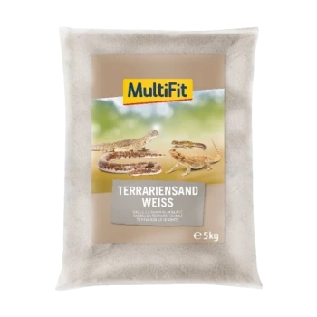 White terrarium sand in a 5kg bag by MultiFit, featuring images of reptiles on the packaging and the text "Terrariensand Weiss."
