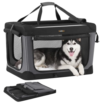Grau/schwarze, weiche Hundebox mit Netzfenstern und Griffen, Husky liegt innen, gefaltete Tasche darunter, 'feandrea'-Label sichtbar