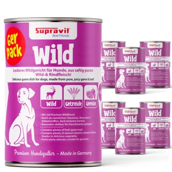 Dosen mit Supravit-Hundefutter, beschriftet 'Wild', mit einem rosa Design, mit Text in Deutsch und Englisch über Zutaten und Vorteile.