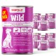 Dosen mit Supravit-Hundefutter, beschriftet 'Wild', mit einem rosa Design, mit Text in Deutsch und Englisch über Zutaten und Vorteile.