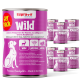 Dosen mit Supravit-Hundefutter, beschriftet 'Wild', mit einem rosa Design, mit Text in Deutsch und Englisch über Zutaten und Vorteile.
