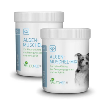 Behälter mit Valetumed Pet Algen-Muschel-Mix, einem Ergänzungsmittel für Hunde, mit Text, der Unterstützung für Mobilität und Agilität anzeigt.