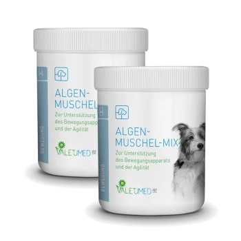 Behälter mit Valetumed Pet Algen-Muschel-Mix, einem Ergänzungsmittel für Hunde, mit Text, der Unterstützung für Mobilität und Agilität anzeigt.
