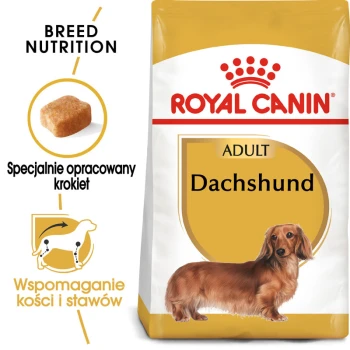 Torba z karmą dla psów Royal Canin Adult Dachshund z ilustracją jamnika, z tekstem o żywieniu rasy i wsparciu stawów.