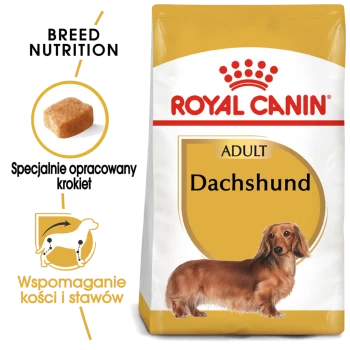 Torba z karmą dla psów Royal Canin Adult Dachshund z ilustracją jamnika, z tekstem o żywieniu rasy i wsparciu stawów.