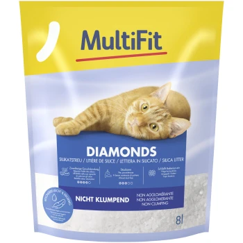 diamonds 8 l Eine Tüte MultiFit Diamonds Silikat-Katzenstreu mit einer entspannten orangefarbenen getigerten Katze und Text über ihre klumpfreien, staubfreien Eigenschaften.