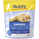 Een zak MultiFit Diamonds silica kattenbakvulling met een ontspannen oranje tabby en tekst over de niet-klonterende, stofvrije eigenschappen.