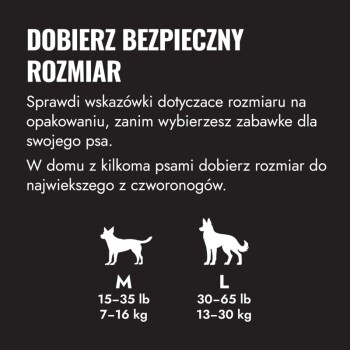 Przewodnik rozmiarów zabawek dla psów – „Wybierz bezpieczny rozmiar” (tekst po polsku) z psem M (15–35 lb / 7–16 kg) i psem L (30–65 lb / 13–30 kg).