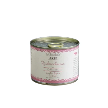 Dose Katzenfutter "Rinderschmaus mit Süßkartoffel" von Dr. Clauder's, mit einem rosa Rand, als vollständiges Menü für Katzen gekennzeichnet.