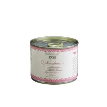 Nourriture en conserve pour chat "Rinderschmaus mit Süßkartoffel" de Dr. Clauder's, avec une bordure rose, étiquetée comme un menu complet pour chats.