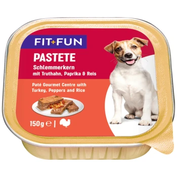 Fit+Fun Hundefutter-Pâté-Verpackung mit einem Gourmet-Zentrum aus Truthahn, Paprika und Reis. Enthält 150g.