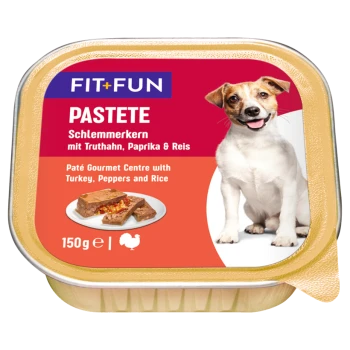 Emballage de pâté pour chien Fit+Fun mettant en avant un centre gourmet avec de la dinde, des poivrons et du riz. Contient 150g.