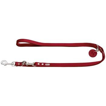 Rote Hundeleine mit einem silbernen Clip und einem runden Anhänger mit einem Hundesilhouette, die ein schlankes und langlebiges Design zeigt.