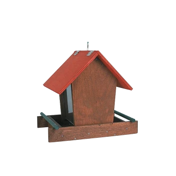 Holz-Vogelfutterhaus mit rotem schrägem Dach und grünen Sitzstangen, für den Außenbereich konzipiert.