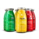Fünf bunte Smoothie-Flaschen für Hunde, beschriftet mit "Lamm," "Huhn," und "Rind," mit Text über natürliche Zutaten und Snacks.