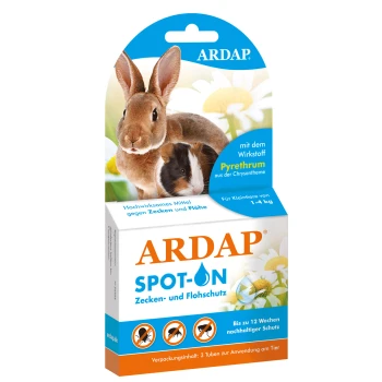 ARDAP Spot-On Verpackung für kleine Haustiere, mit einem Kaninchen und einem Meerschweinchen, behauptet Schutz gegen Flöhe und Zecken mit Pyrethrum.