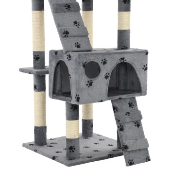 Grauer Katzenbaum mit Pfotenabdruckdesign, mit einem gemütlichen Versteck, Kratzpfosten und einer Rampe zum Klettern.