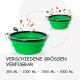 Grüne zusammenklappbare Futternäpfe mit Karabinerhaken, erhältlich in den Größen 350 ml, 1000 ml, 1500 ml und 2000 ml.