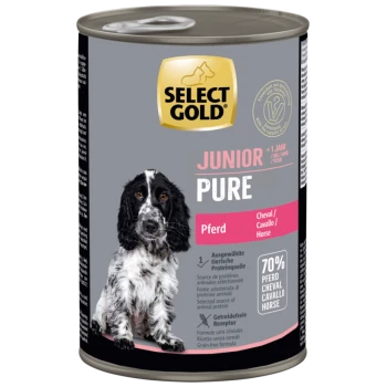 Select Gold Junior Pure dog food can with a black and white dog image, horse flavor, 70% horse meat, grain-free formula.