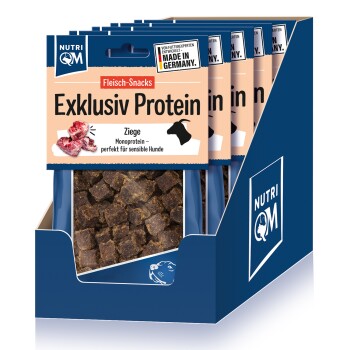 Präsentation von Nutri QM 'Exklusiv Protein' Ziegen-Monoprotein-Hundesnacks, 'Made in Germany'-Label sichtbar