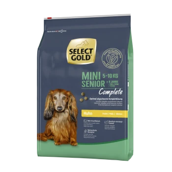 Select Gold Mini Senior Hundefutterbeutel, 5-10 kg, für Hunde über 8 Jahre. Enthält Huhn als Hauptzutat.
