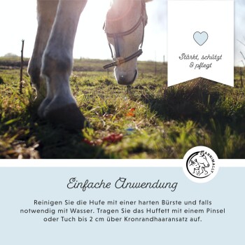 Eine Nahaufnahme eines Pferdehufs auf Gras, mit deutschen Textanweisungen zur Hufpflege: 'Einfach Anwendung' und Reinigungstipps.