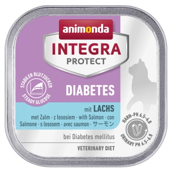 Integra Protect Diabetes 16x100g Lachs Dosenfutter für Hunde mit der Aufschrift "Animonda Integra Protect Diabetes" mit Lachs, mit Text in mehreren Sprachen und einer Katzensilhouette.