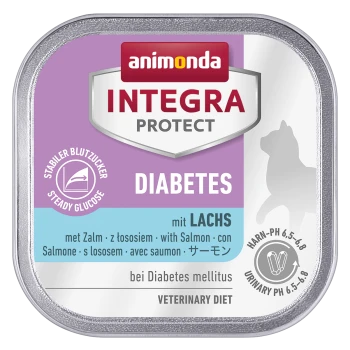 Dosenfutter für Hunde mit der Aufschrift "Animonda Integra Protect Diabetes" mit Lachs, mit Text in mehreren Sprachen und einer Katzensilhouette.