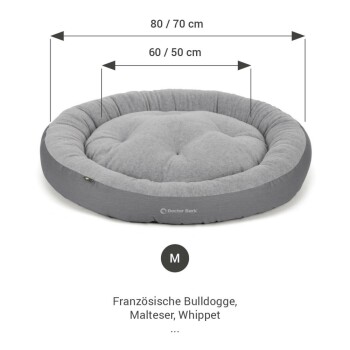 Graues rundes Hundebett mit gepolstertem Design, Abmessungen beschriftet mit 80/70 cm und 60/50 cm, geeignet für Französische Bulldoggen, Malteser, Whippets.