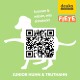 Grüner Hintergrund mit einer weißen Hundesilhouette und QR-Code. Text: "Scannen & wissen, was drinsteckt" und "JUNIOR HUHN & TRUTHAHN."