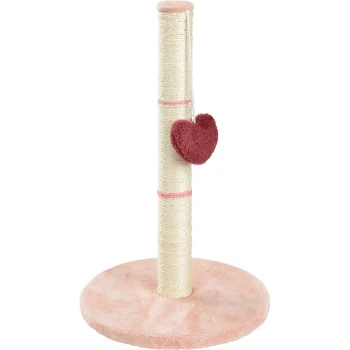 Pepe & Kitty Kratzsäule Apricot Ein rosa und cremefarbener Kratzbaum für Katzen mit einer plüschigen Basis und einem herzförmigen Spielzeug, das von der Seite hängt.