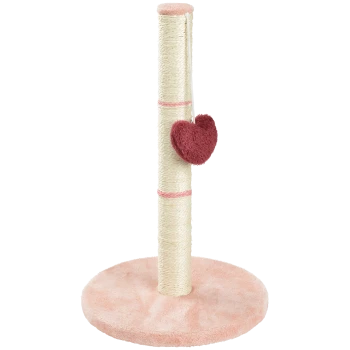 Ein rosa und cremefarbener Kratzbaum für Katzen mit einer plüschigen Basis und einem herzförmigen Spielzeug, das von der Seite hängt.