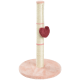 Ein rosa und cremefarbener Kratzbaum für Katzen mit einer plüschigen Basis und einem herzförmigen Spielzeug, das von der Seite hängt.