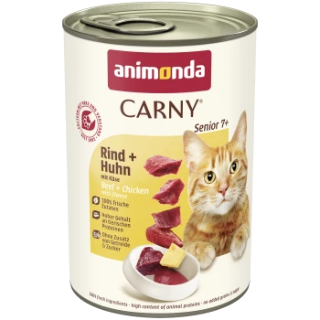 Dose Animonda CARNY Senior 7+ Katzenfutter, Rind + Huhn mit Käse; Foto einer orange gestromten Katze, Fleischstücke und Käse abgebildet.