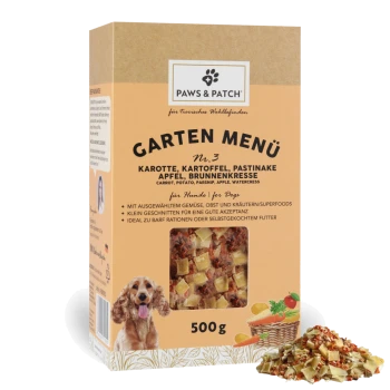PAWS & PATCH Garten Menü Nr. 3 Hundemischung – Karotte, Kartoffel, Pastinake, Apfel, Brunnenkresse, 500 g; Hundefoto und Produktfenster.
