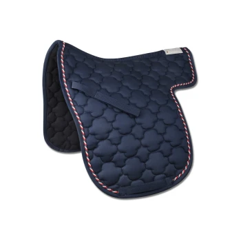 Dunkelblaues, gestepptes Sattelpad mit dekorativem rot-weißen Rand, mit einem Klettverschluss für sicheren Halt.