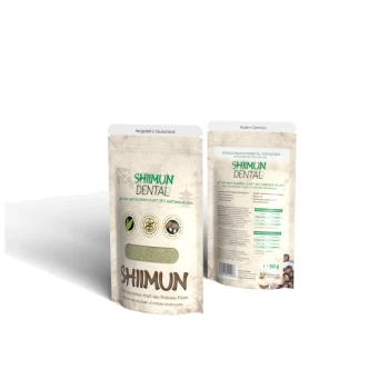 Verpackung des Shiimun Dentalpulvers für Katzen, mit einem hellgrünen Design und dem Text 'SHIIMUN DENTAL' und 'FÜR KATZEN / FOR CATS.'