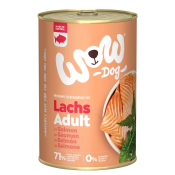 Boîte de nourriture humide premium pour chien "WOW Dog" contenant du saumon, étiquetée "Lachs Adult." Contient 71 % de poisson, viande et abats, avec 0 % de céréales et de gluten.
