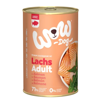 Dose "WOW Dog" Premium Nassfutter für Hunde mit Lachs, beschriftet "Lachs Adult." Enthält 71% Fisch, Fleisch und Innereien, mit 0% Getreide und Gluten.